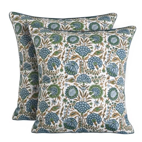 Ridhi Block Print Asparagus Green Pillow Cover 18 x 18 Pack of 2 Decorative Couch Pillows for Living Room Farmhouse Chic Boho Cute Outdoor Pillows Covers Gifts for Spring Mothers Day - Image 1