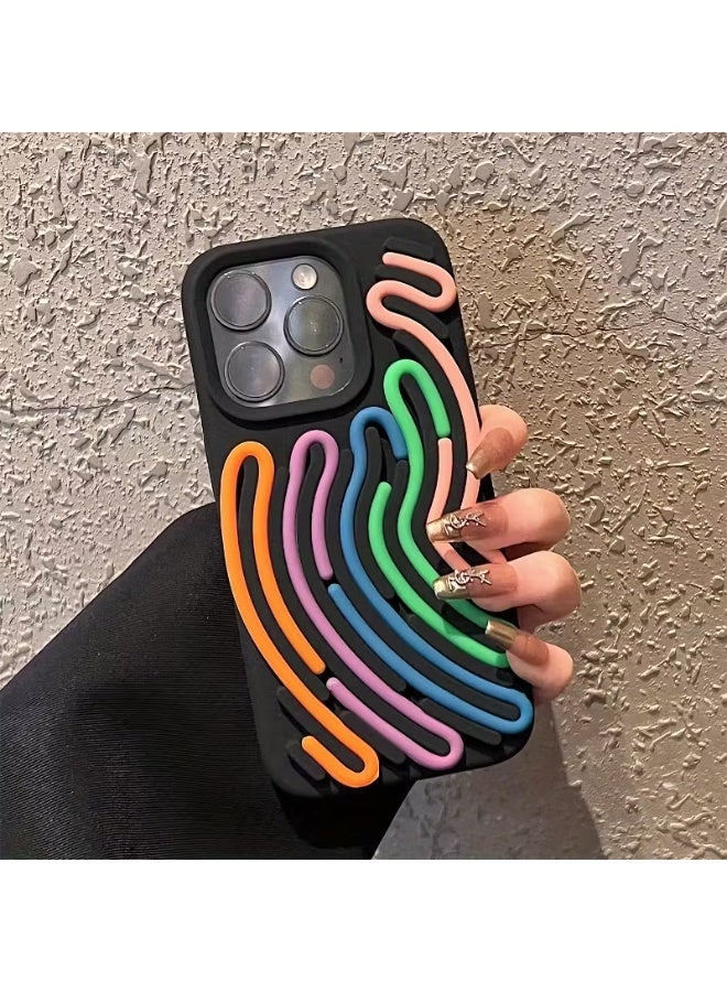 Temu Black silicone case with a wavy line design in neon colors; a modern and attractive look with elegant protection; compatible with iPhone 16 Pro Max - Image 1