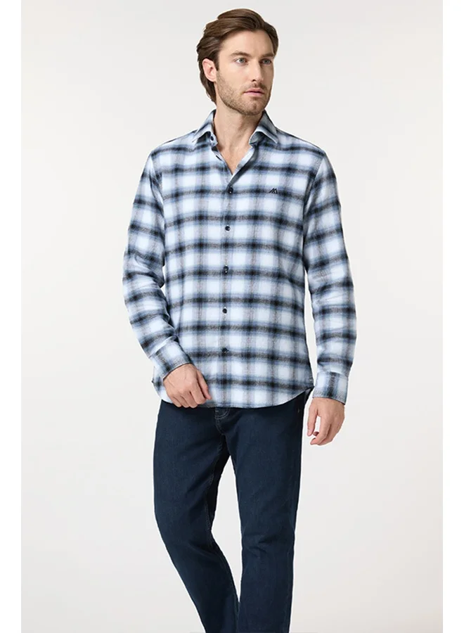 تكلف The Beacon Blue and White Cotton Checks Shirt Comfort Fit