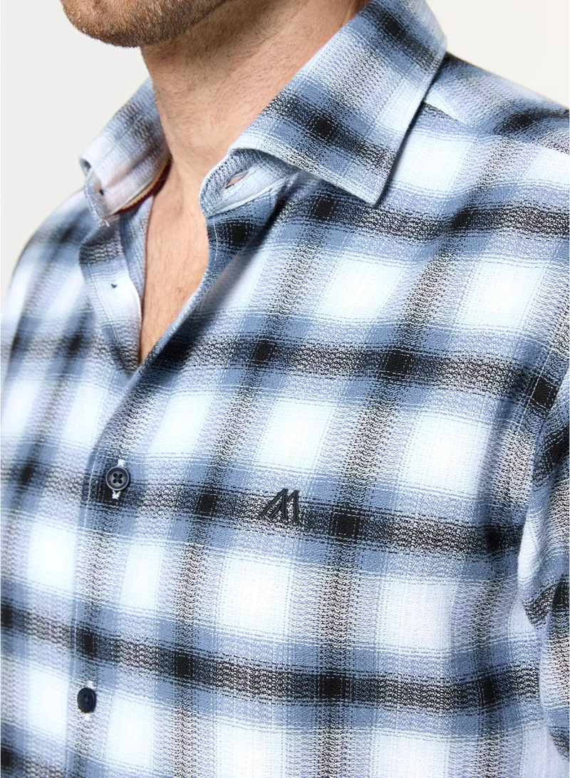 MANNERISM  The Beacon Blue and White Cotton Checks Shirt Comfort Fit for Men | Best Price UAE
