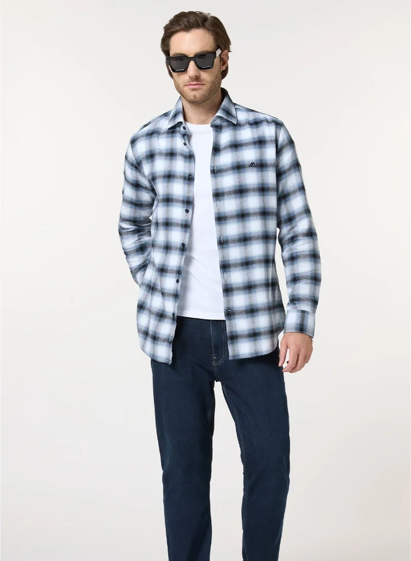مانرزم The Beacon Blue and White Cotton Checks Shirt Comfort Fit