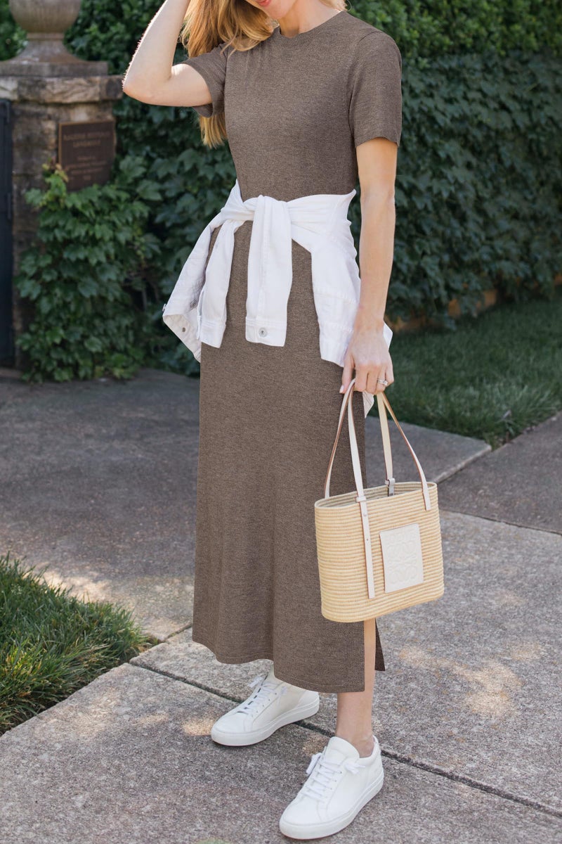 Arach&Cloz Womens Summer Wool Blend T Shirt Maxi Dress 2026 Spring Casual Short Sleeve Crew Neck Slit Fashion Sweater Knit Long Dresses Trendy Travel Vacation Outfits Coffee XL - Image 5