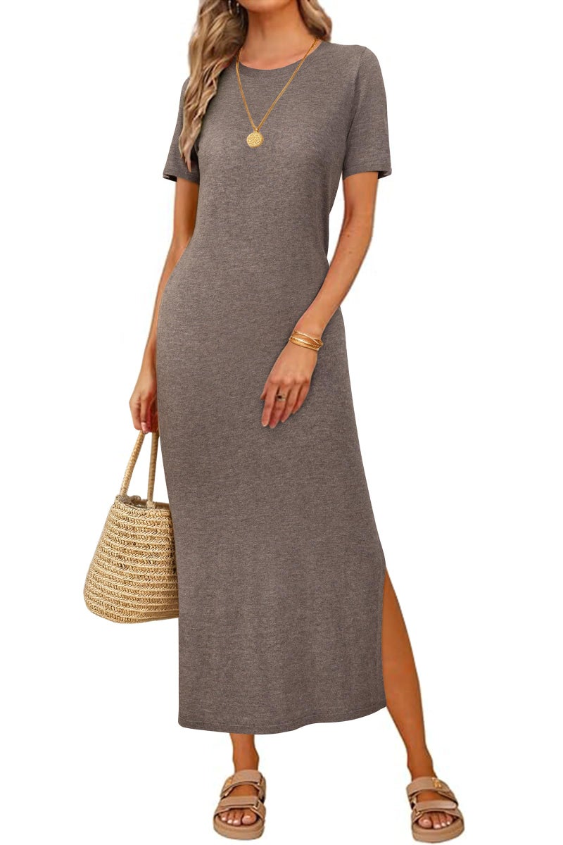 Arach&Cloz Womens Summer Wool Blend T Shirt Maxi Dress 2026 Spring Casual Short Sleeve Crew Neck Slit Fashion Sweater Knit Long Dresses Trendy Travel Vacation Outfits Coffee XL - Image 1
