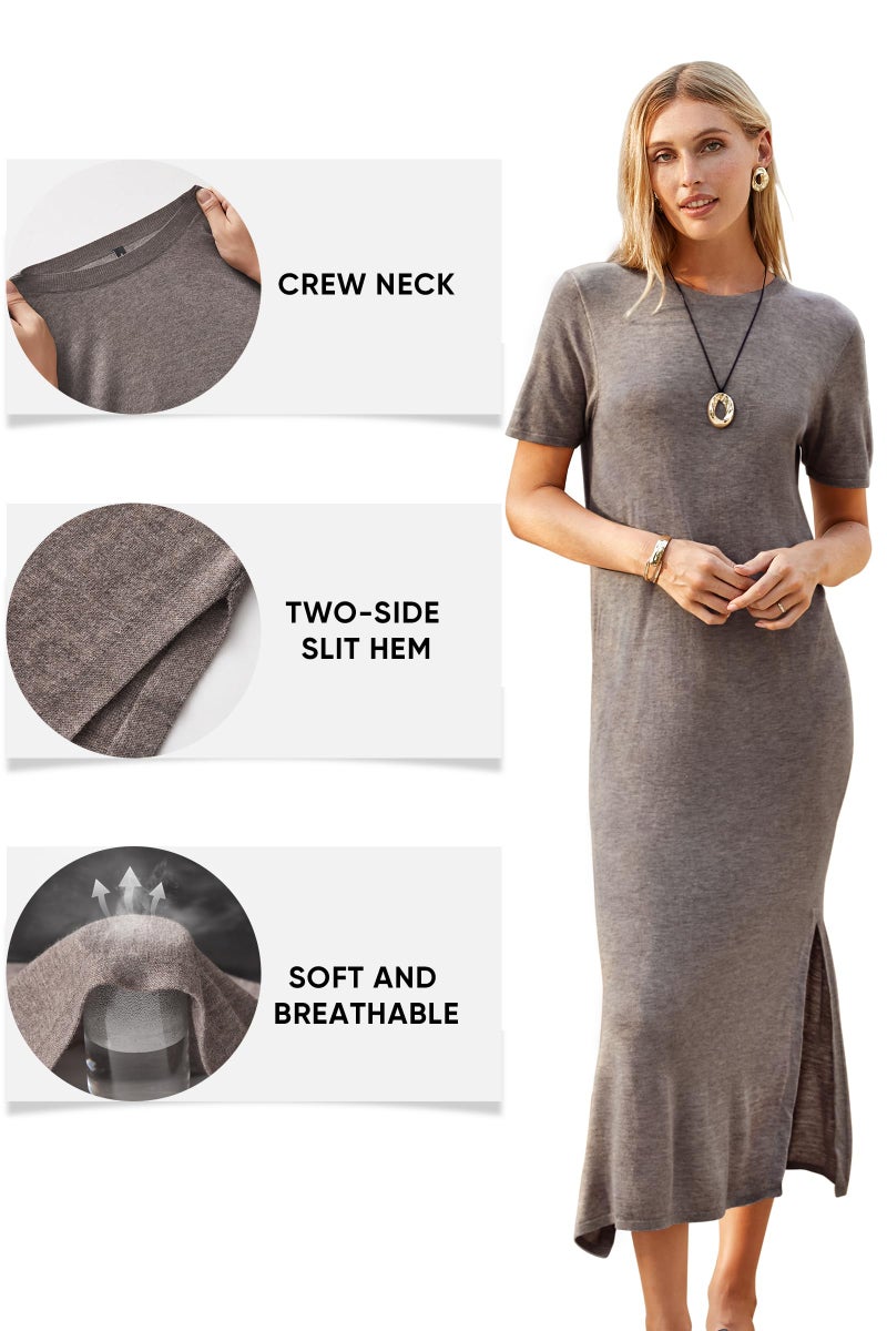 Arach&Cloz Womens Summer Wool Blend T Shirt Maxi Dress 2026 Spring Casual Short Sleeve Crew Neck Slit Fashion Sweater Knit Long Dresses Trendy Travel Vacation Outfits Coffee XL - Image 4