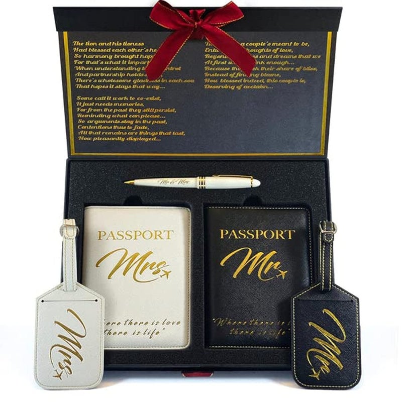 DELUXY DELUXY Mr & Mrs Luggage Tags & Passport Holder Set - Wedding Gifts 2025, Bridal Shower Gifts, Engagement Gift for Couple, Couples Gifts  - Image 1