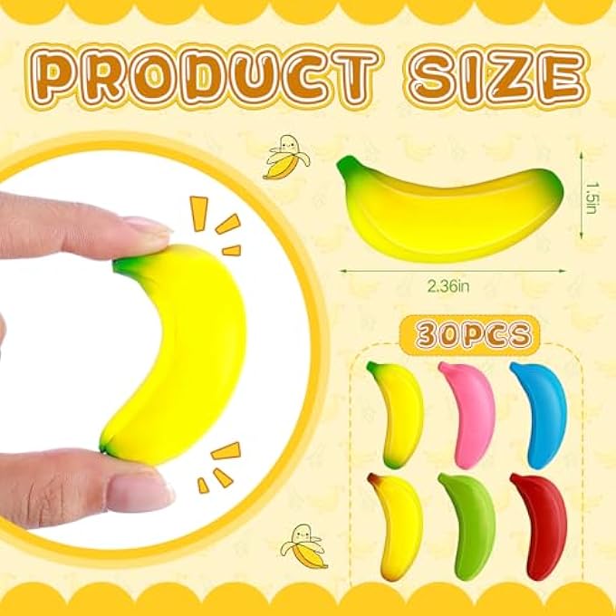 Civaner 30 Pcs Banana Stress Toys Stretchy Banana Relief Toys Fidget Anxiety Toys Banana Stress Balls Bulk Mini PU Banana Party Favors Tiny Party Supplies for Stress Relief(Multicolor) - Image 2