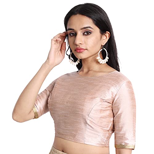 JISB Women's Raw Silk Elbow Length Sleeves Readymade Saree Blouse (46, Light Pink) - Image 2