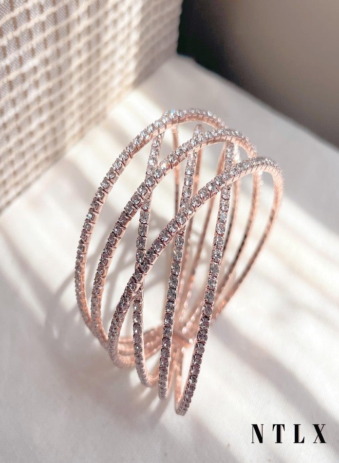 NTLX Crystal Bracelet for Women - Rhinestone Cuff Bracelet - Silver & Gold Plated - Flexible & Adjustable - Multiple X Shape Cross Geometric Negative Space - Bridal, Wedding, Prom, Party, Pageant, Evening, Casual, Bracelet - with Gift Box (Crystal / Rose Gold) - Image 4