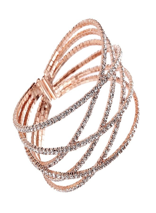 NTLX Crystal Bracelet for Women - Rhinestone Cuff Bracelet - Silver & Gold Plated - Flexible & Adjustable - Multiple X Shape Cross Geometric Negative Space - Bridal, Wedding, Prom, Party, Pageant, Evening, Casual, Bracelet - with Gift Box (Crystal / Rose Gold) - Image 1
