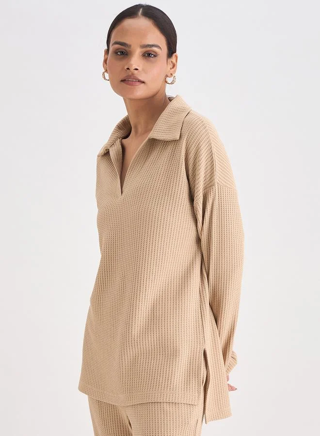 Femmella  Women Beige Waffle Knit Collar Detail Top for Women | Best Price UAE