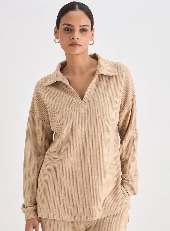 Women Beige Waffle Knit Collar Detail Top