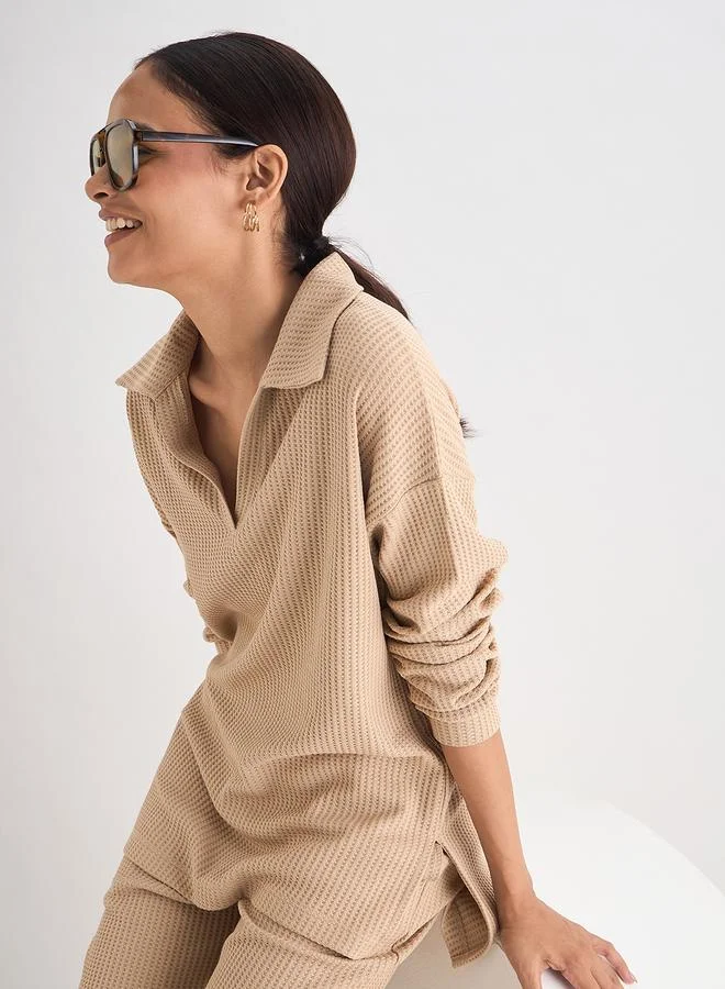 Femmella  Women Beige Waffle Knit Collar Detail Top for Women | Best Price UAE