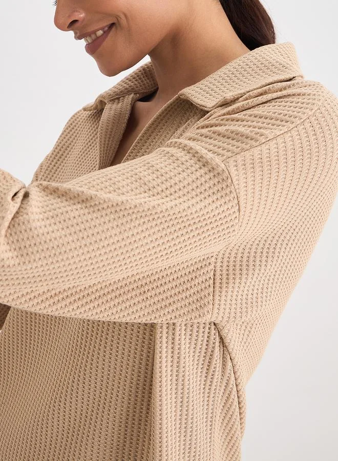 Femmella  Women Beige Waffle Knit Collar Detail Top for Women | Best Price UAE