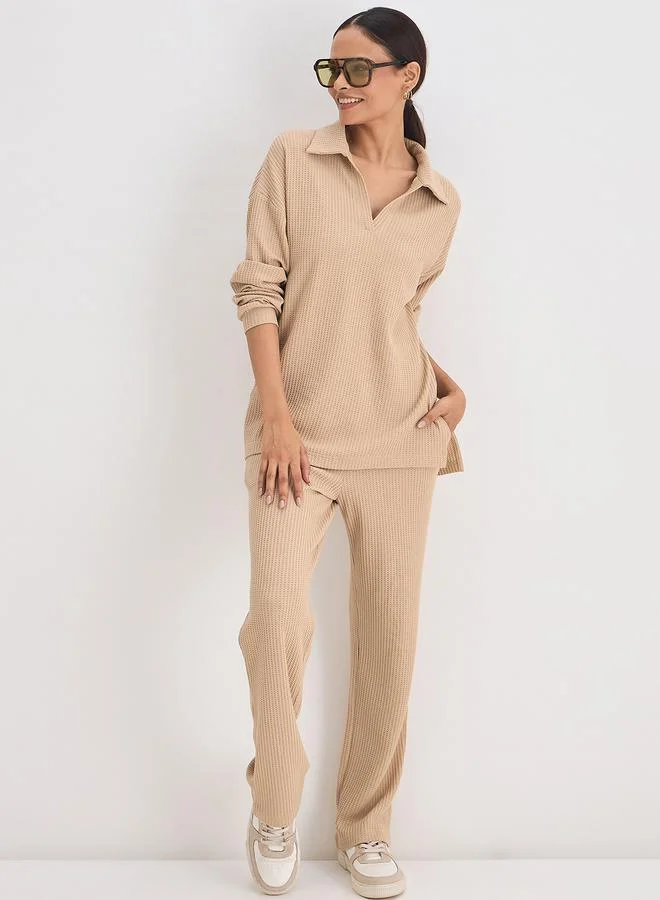 Femmella  Women Beige Waffle Knit Collar Detail Top for Women | Best Price UAE