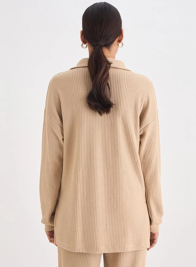 Femmella  Women Beige Waffle Knit Collar Detail Top for Women | Best Price UAE