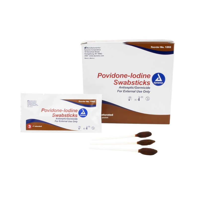 Dynarex Povidone Iodine Swabsticks Convenient Antiseptic to Ensure Skin Preparation Brown 1 Box of 25 Foil Packets 3 Swabsticks Per Foil Packet