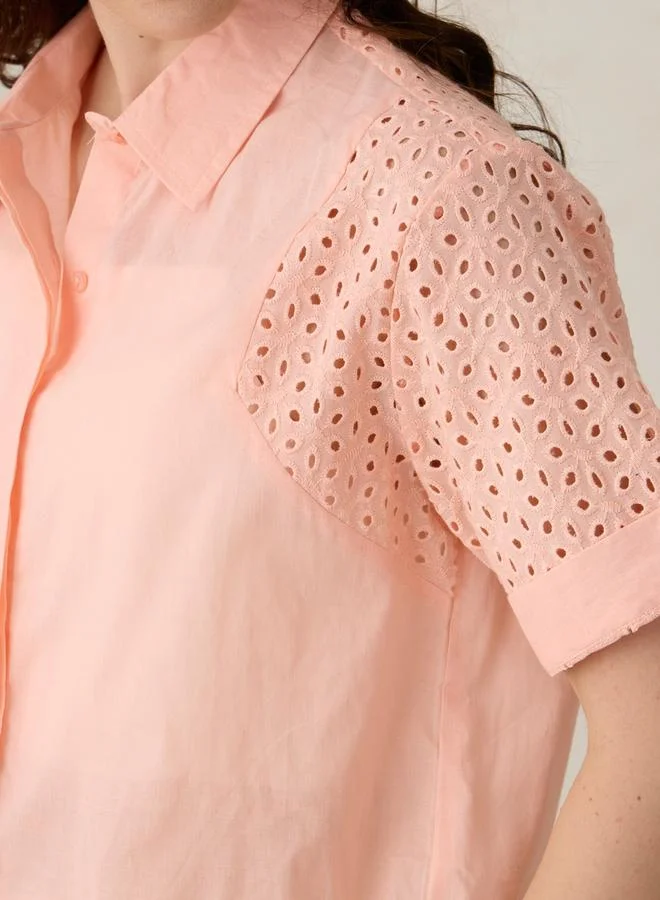 OUTZIDR Coral Schiffli Sleeve Crop Shirt