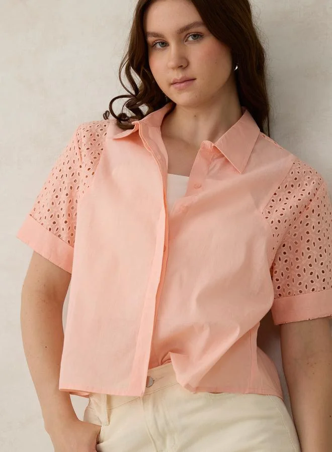 OUTZIDR Coral Schiffli Sleeve Crop Shirt