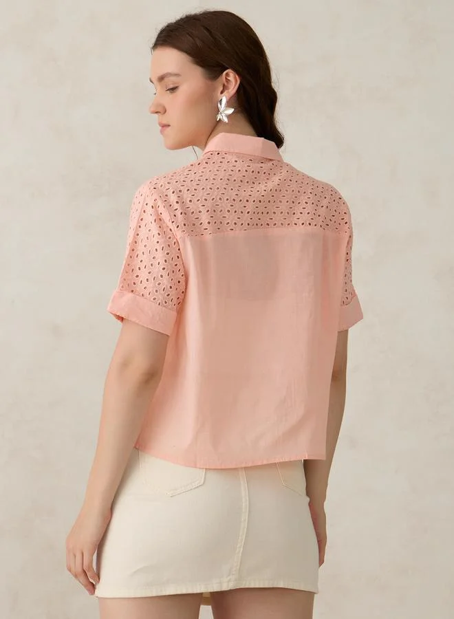 Outzidr  Coral Schiffli Sleeve Crop Shirt for Women | Best Price UAE
