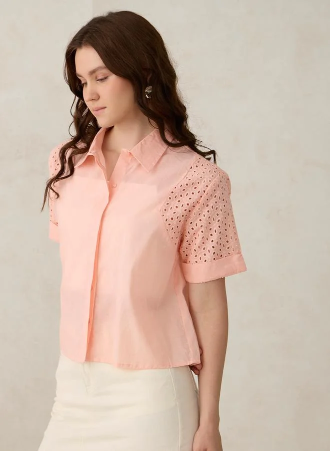 Outzidr  Coral Schiffli Sleeve Crop Shirt for Women | Best Price UAE