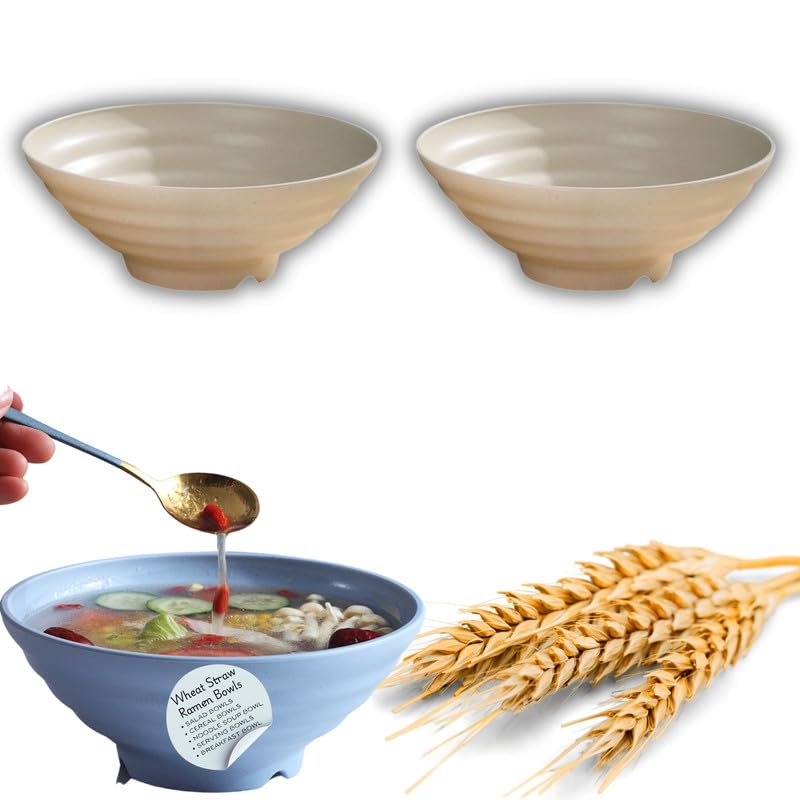 Clovis Bowls for Kitchen Wheat Straw Bowl Unbreakable Lightweight Bowls Set Microwave and Dishwasher Safe Reusable Bouwl for Serving SoupRamenSalad Beige 21 x 85 CM Pack of 2 - Image 1