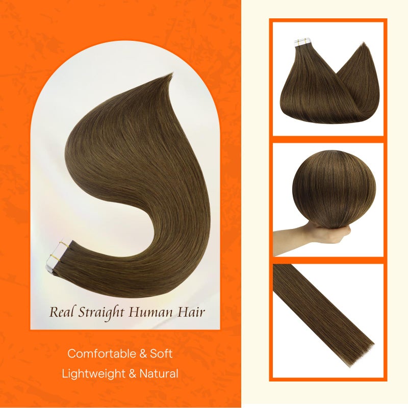 Fshine Full Shine Human Hair Extensions Tape in Color 4 Medium Brown Remy Double Sided Human Hair Tape in Extensions 12 Inch Invisible Natural Seamless Skin Weft Extensions 30G 20 PCS for Party - Image 2