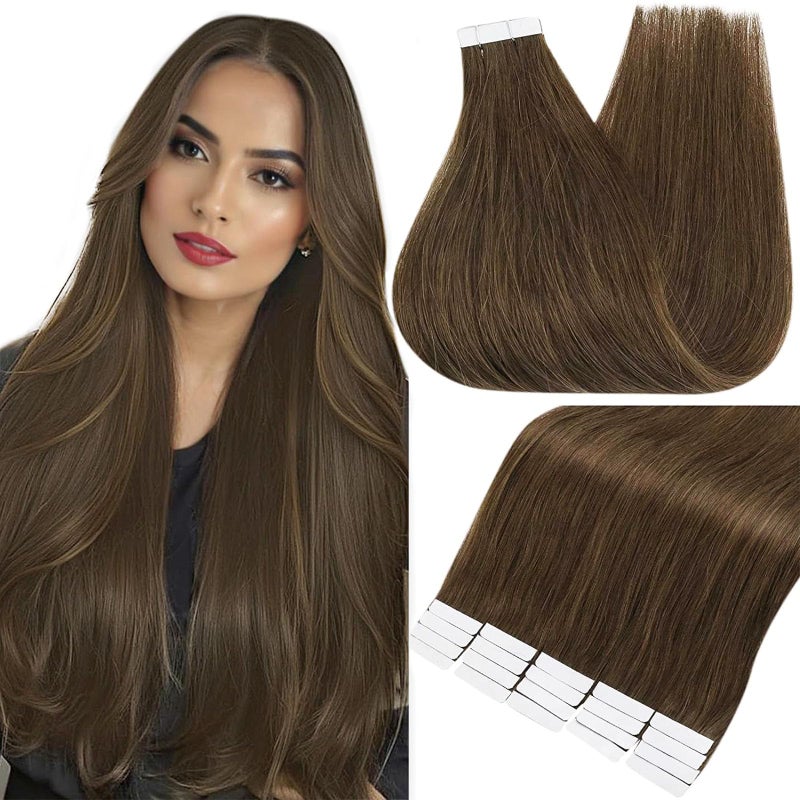 Fshine Full Shine Human Hair Extensions Tape in Color 4 Medium Brown Remy Double Sided Human Hair Tape in Extensions 12 Inch Invisible Natural Seamless Skin Weft Extensions 30G 20 PCS for Party - Image 1