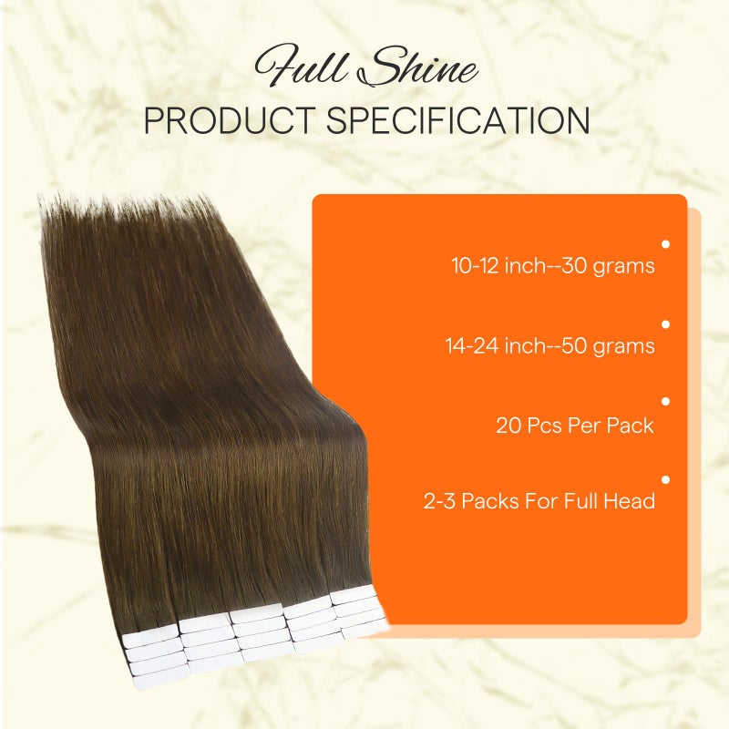 Fshine Full Shine Human Hair Extensions Tape in Color 4 Medium Brown Remy Double Sided Human Hair Tape in Extensions 12 Inch Invisible Natural Seamless Skin Weft Extensions 30G 20 PCS for Party - Image 3