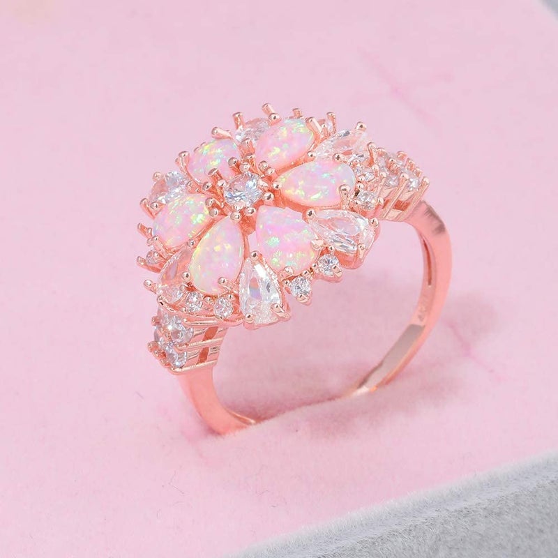 CiNily Flower Opal Ring-Pink Opal Cubic Zirconia CZ Ring 14K Rose Gold Plated Gemstone Promise Engagement Ring for Women Size 8 - Image 5