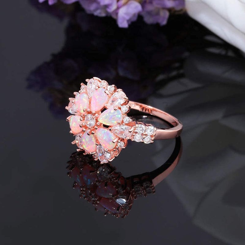 CiNily Flower Opal Ring-Pink Opal Cubic Zirconia CZ Ring 14K Rose Gold Plated Gemstone Promise Engagement Ring for Women Size 8 - Image 4
