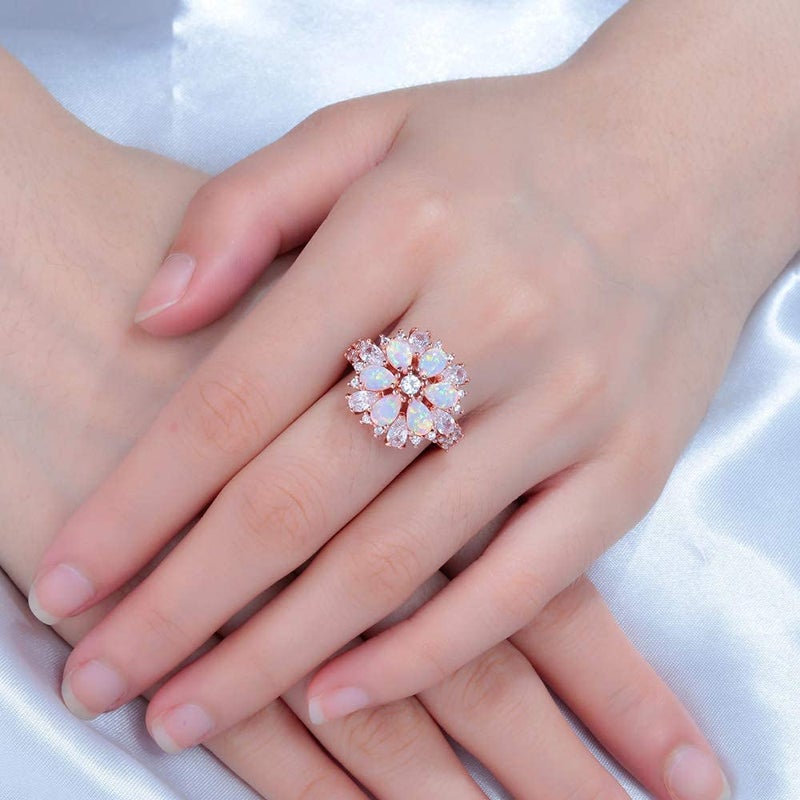 CiNily Flower Opal Ring-Pink Opal Cubic Zirconia CZ Ring 14K Rose Gold Plated Gemstone Promise Engagement Ring for Women Size 8 - Image 3
