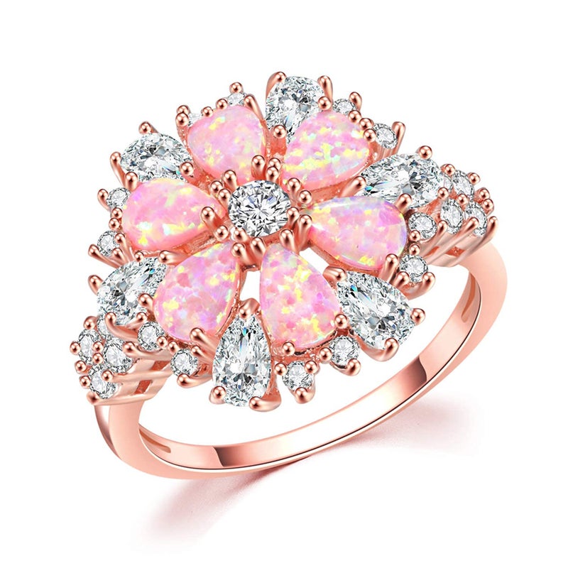 CiNily Flower Opal Ring-Pink Opal Cubic Zirconia CZ Ring 14K Rose Gold Plated Gemstone Promise Engagement Ring for Women Size 8 - Image 1