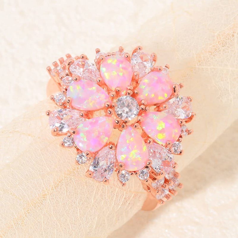 CiNily Flower Opal Ring-Pink Opal Cubic Zirconia CZ Ring 14K Rose Gold Plated Gemstone Promise Engagement Ring for Women Size 8 - Image 2
