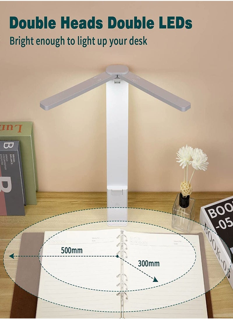 LED Double Head Desk Lamp, Portable Small Desk Lamp with Large Lighting Range, USB Eye-Care Small Desk Lamp, with 3 Lighting Modes, for Kids Reading, Studying, Home, Office, Dormitory (White)