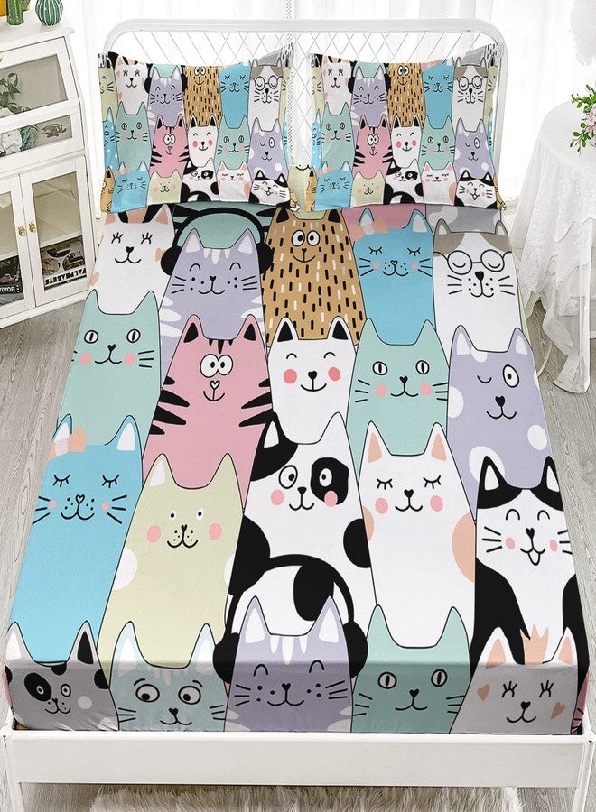 HOSIMA Cute Cat Fitted Sheet Set - Cartoon Colorful Pet Print Twin With 2 Pillowcases - Kawaii Toddler Bedding for Girls Boys - Animal Themed Lovers Room Decor Aesthetic - Image 2