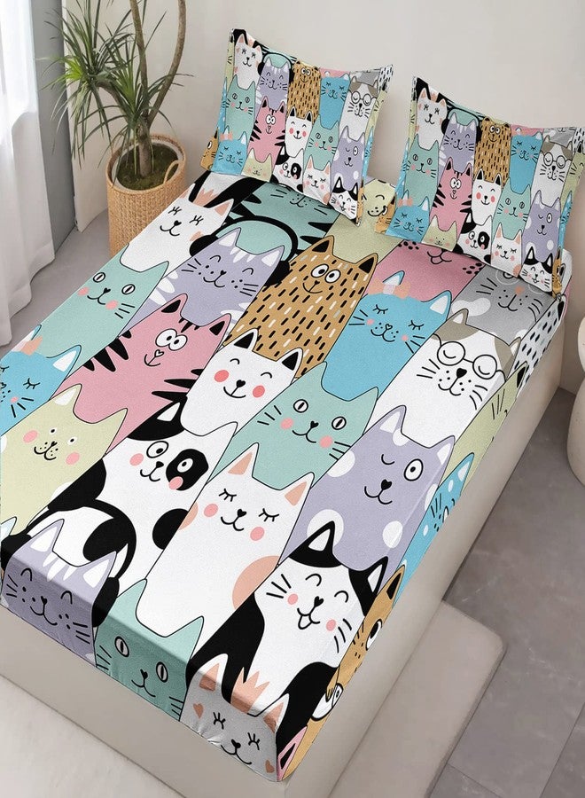 HOSIMA Cute Cat Fitted Sheet Set - Cartoon Colorful Pet Print Twin With 2 Pillowcases - Kawaii Toddler Bedding for Girls Boys - Animal Themed Lovers Room Decor Aesthetic - Image 4