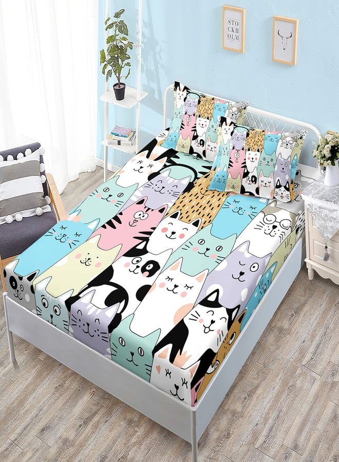 HOSIMA Cute Cat Fitted Sheet Set - Cartoon Colorful Pet Print Twin With 2 Pillowcases - Kawaii Toddler Bedding for Girls Boys - Animal Themed Lovers Room Decor Aesthetic - Image 1