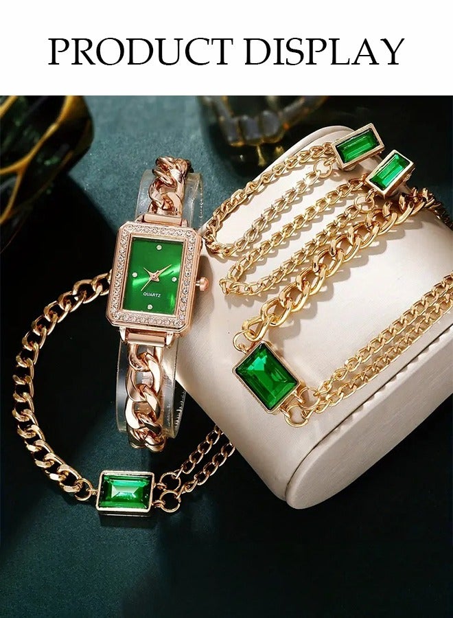DUNISO 4-Piece Set, Retro Rectangle Ladies Watch Set, Rectangle Watch, Versatile Chain Emerald Necklace, Earrings, Bracelet Set, Gold Pointer Quartz Watch, Watch Set For Ladies - Image 3