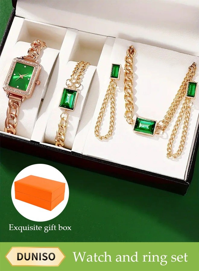 DUNISO 4-Piece Set, Retro Rectangle Ladies Watch Set, Rectangle Watch, Versatile Chain Emerald Necklace, Earrings, Bracelet Set, Gold Pointer Quartz Watch, Watch Set For Ladies - Image 1