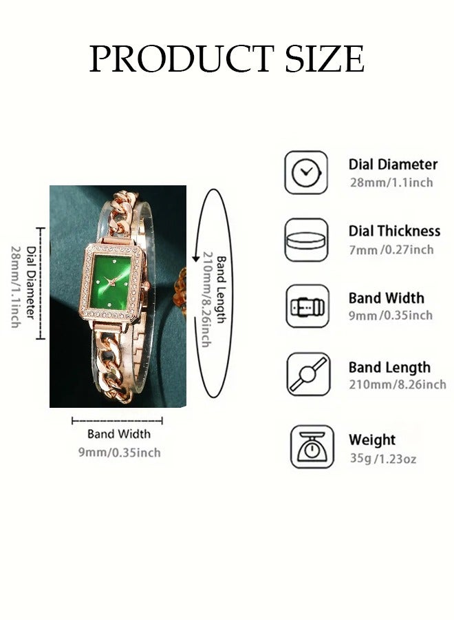 DUNISO 4-Piece Set, Retro Rectangle Ladies Watch Set, Rectangle Watch, Versatile Chain Emerald Necklace, Earrings, Bracelet Set, Gold Pointer Quartz Watch, Watch Set For Ladies - Image 5