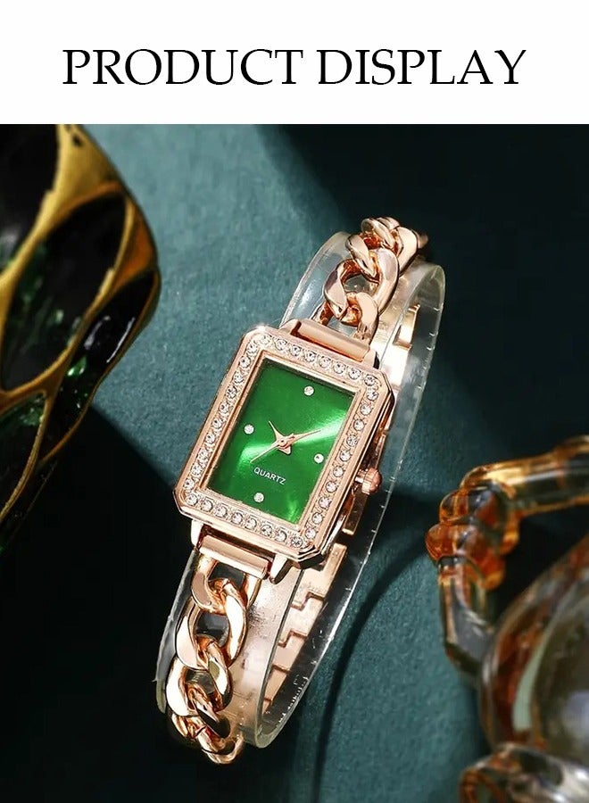 DUNISO 4-Piece Set, Retro Rectangle Ladies Watch Set, Rectangle Watch, Versatile Chain Emerald Necklace, Earrings, Bracelet Set, Gold Pointer Quartz Watch, Watch Set For Ladies - Image 4