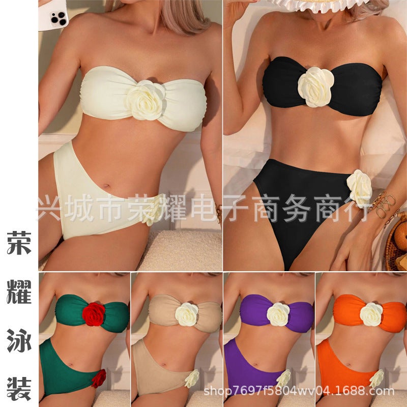 New Rose Tube Top Swimsuit Solid Color Split Swimsuit Bikini Bikini 2024 - Image 2