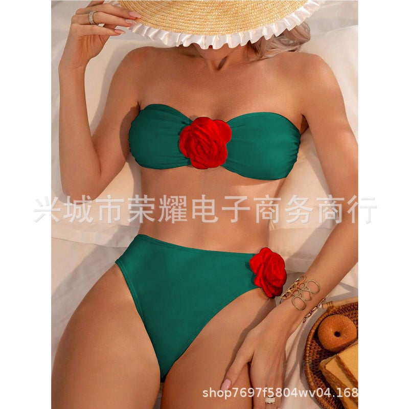 New Rose Tube Top Swimsuit Solid Color Split Swimsuit Bikini Bikini 2024 - Image 5