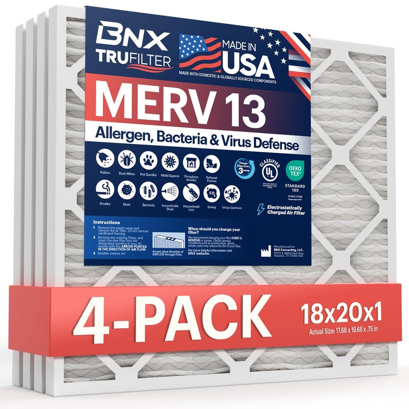 BNX TruFilter 18x20x1 Air Filter MERV 13 (4-Pack) - MADE IN USA - Electrostatic Pleated Air Conditioner HVAC AC Furnace Filters for Allergies, Pollen, Mold, Bacteria, Smoke, Allergen, MPR 1900 FPR 10 - Image 1