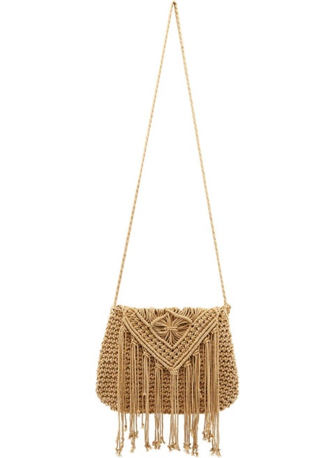 Handmade Macrame Shoulder Bag with Woven Details and Decorative Tassels for a Chic Boho Beach Look