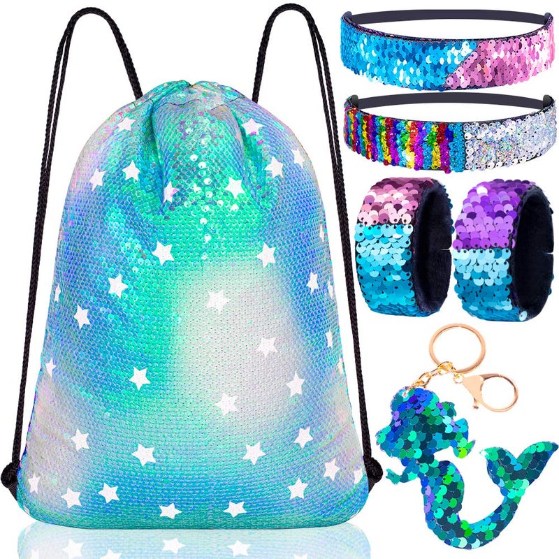 GA&EN Mermaid Reversible Sequin Drawstring BackpackBag Clear Iridescent Sequin Star Shape Spotted Green Fabric for Kids Girls One_Size - Image 2