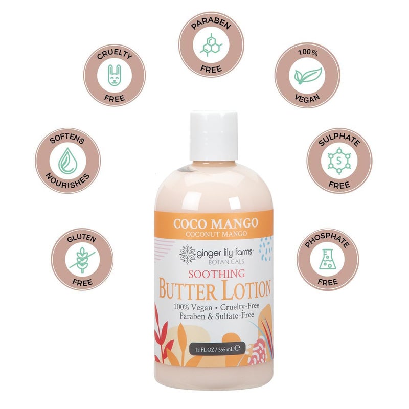Ginger Lily Farms Botanicals Soothing Butter Lotion for Dry Skin, Coco Mango, 100% Vegan & Cruelty-Free, Coconut Mango Scent, 12 Fl Oz - Image 4