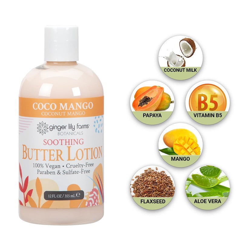 Ginger Lily Farms Botanicals Soothing Butter Lotion for Dry Skin, Coco Mango, 100% Vegan & Cruelty-Free, Coconut Mango Scent, 12 Fl Oz - Image 5