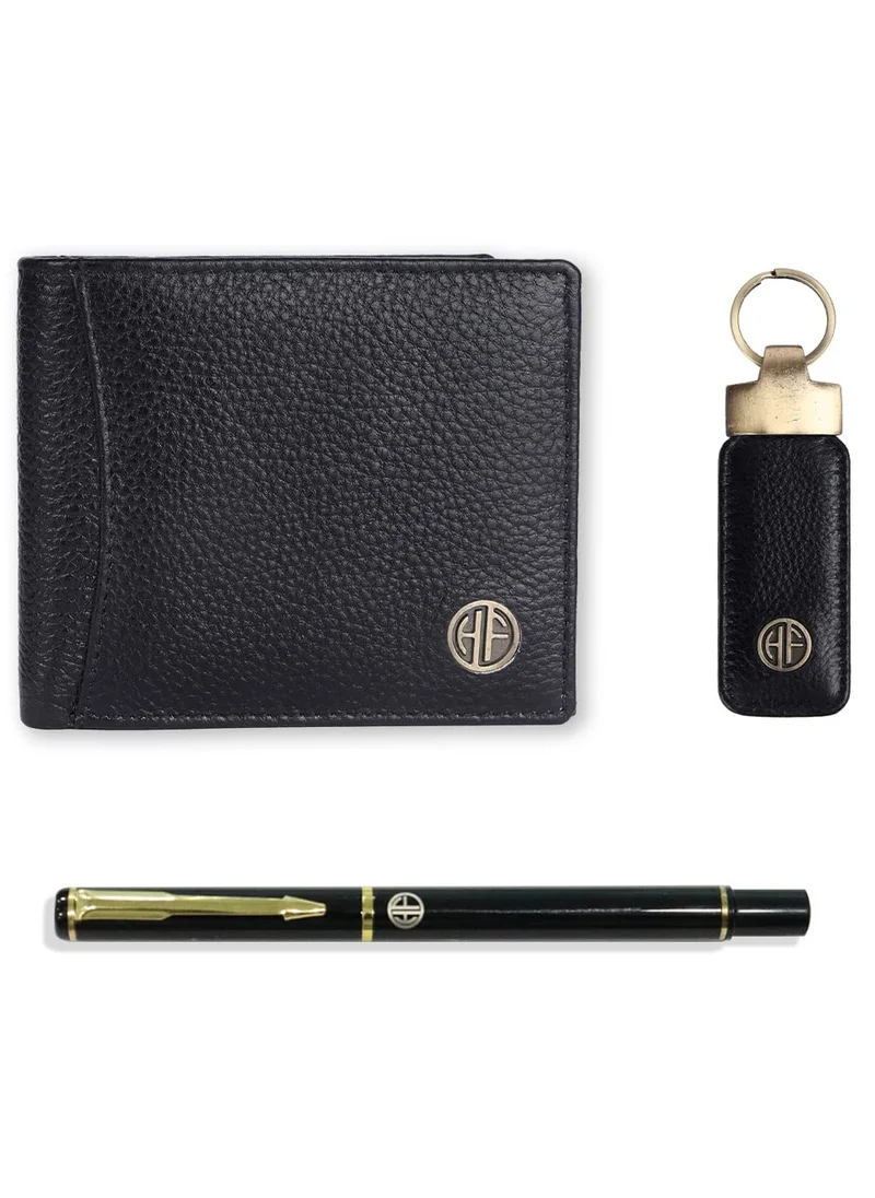 HAMMONDS FLYCATCHER Gift for Men Combo - Leather Wallet and Keychain Set with Ball Pen - Birthday Gift for Husband, Boyfriend, and Father - Wallet with Multiple Card Slots - Black | HF592BLK_KR_PEN | FB5K