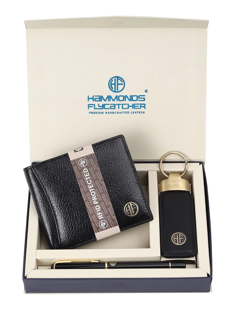 HAMMONDS FLYCATCHER Gift for Men Combo - Leather Wallet and Keychain Set with Ball Pen - Birthday Gift for Husband, Boyfriend, and Father - Wallet with Multiple Card Slots - Black | HF592BLK_KR_PEN | FB5K